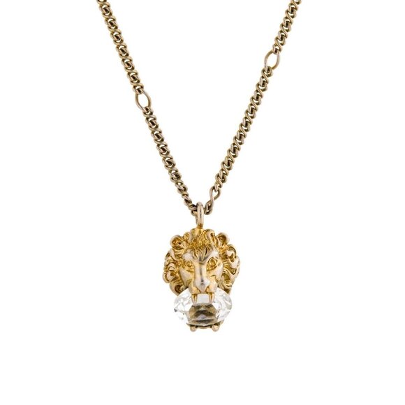 NEW GUCCI Necklace Chain Logo Pendant Lion Head Gold Rare Crystal Stone - Picture 1 of 9